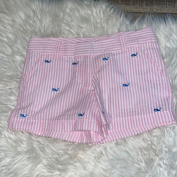 Vineyard Vines Other - Vineyard Vines Girls Pink & White Seersucker Blue Whale Embroidered Shorts